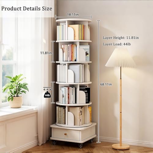 White Tall Rotating Bookcase with Drawer & Wheels, 5-Tier Corner Shelf for Bedroom, Living Room & Office, Wooden Bookshelf, Stylish Storage Solution