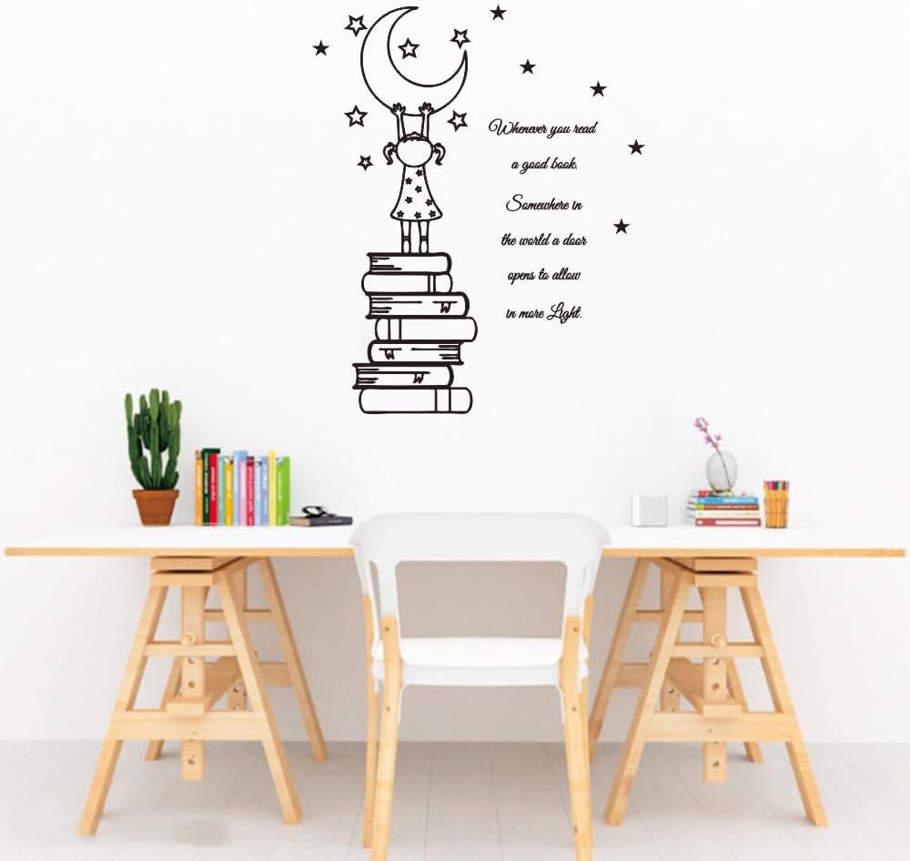 Reading Nook Vinyl Wall Art – Uplifting Book Quote for Kids’ Room, Library, or Study (Black-JZY008-Girl Book)