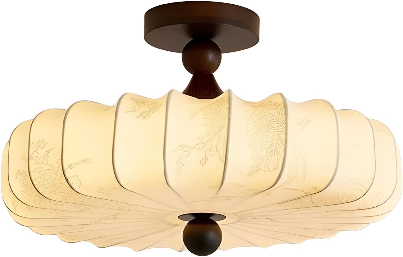 Fabric Lampshade Semi Flush Mount Ceiling Light with Wooden Accents,Brightness Dimmable & 3 Temperature,⌀ 11.8"