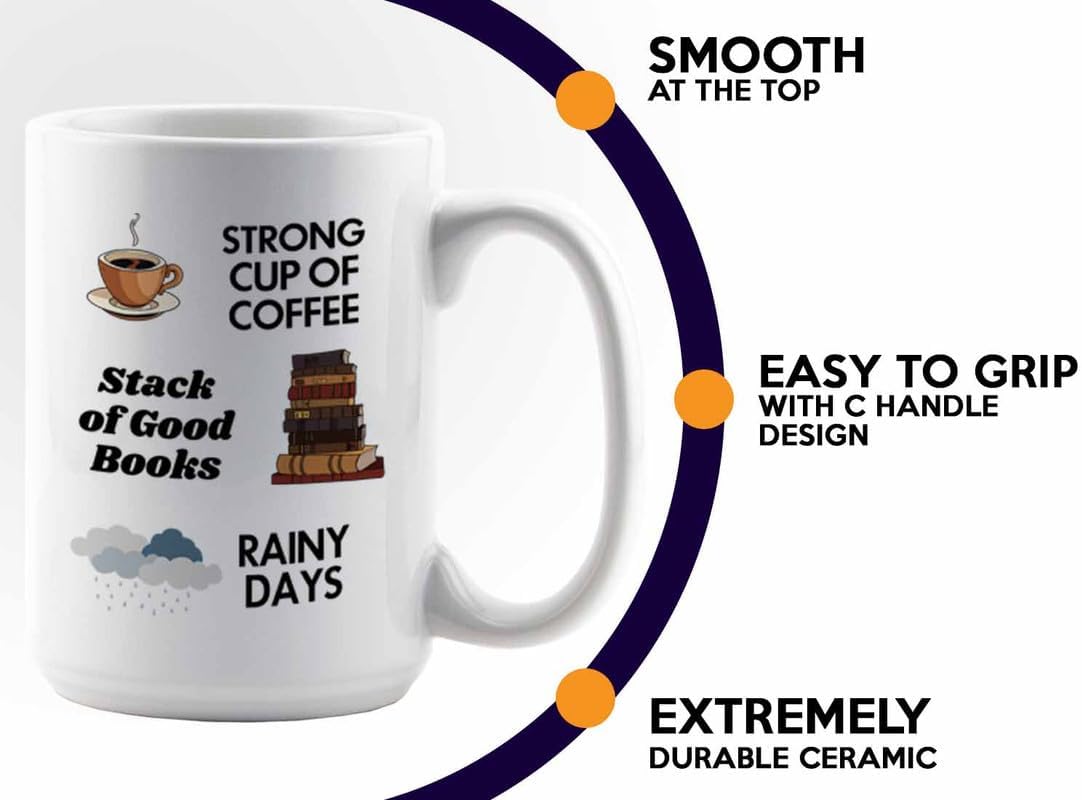 Reading Coffee Mug 15oz White - Coffee Book Rainy Days - Reader Gift Bookworm Owl Lover Cat Lover Book Lover Novelist Librarian Writer