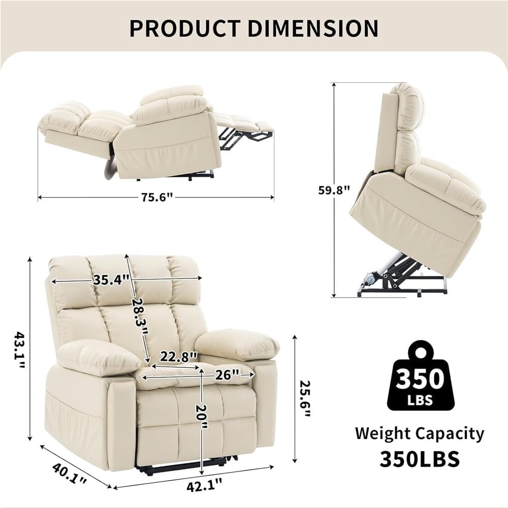 Extra Wide Lay Flat Power Lift Recliner Chair, Electric Recliner with Adjustable Headrest and Extended Footrest, Heat Massage, USB-C Ports, Hidden Cup Holders, Storage