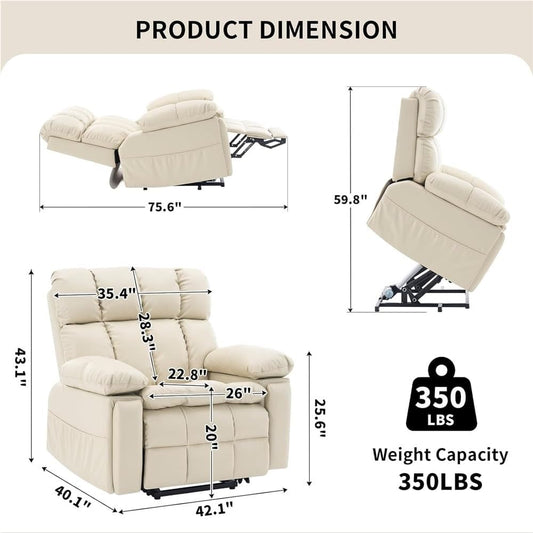 Extra Wide Lay Flat Power Lift Recliner Chair, Electric Recliner with Adjustable Headrest and Extended Footrest, Heat Massage, USB-C Ports, Hidden Cup Holders, Storage