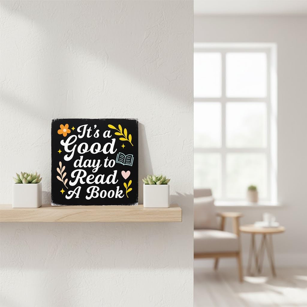 It's A Good Day to Read A Book Wood Box Sign, Floral Trendy Reading Wall Decor Gifts for Women Kids Book Lovers School Library Reading Nook Corner Home Dorm, 5x5 Inch(Black)
