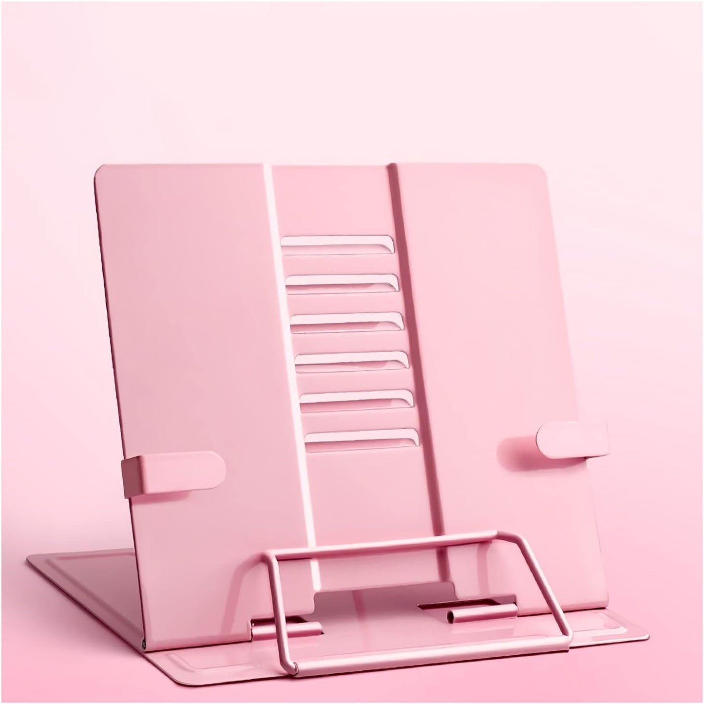 Book Stands and Holders for Reading Book Stand Reading Adjustable Document Holder with Page Clip Office Rest Metal Stand for Recipe Textbook Smartphone 8.3 x 7.5 inch for Kitchen and Office (Pink )