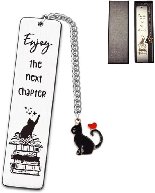 Cat Metal Bookmark, Engraved 'Enjoy The Next Chapter', Stainless Steel, 5.1 x 1.02 Inches