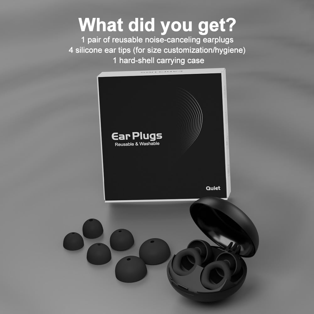 Noise Cancelling Earplugs Ultra-Comfy Reusable 25dB (SNR) Sleep earplugs, Travel earplugs, with Carrying Case - Black