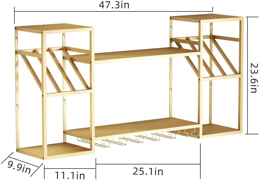 Metal Floating Bar Liquor Shelves 2 Tier, Wall Mounted Wine Rack with Glass Holder Storage, Wall Bar Shelf Wine Display Storage Holder for Kitchen Dining Room Bar (Gold)