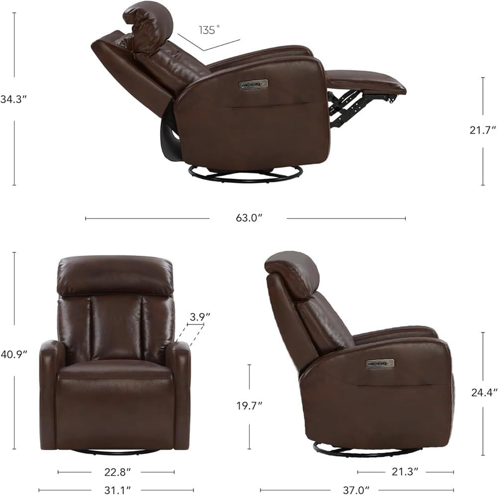 Electric Swivel Recliner Chair with 270 Degree Rotation Adjustable Headrest Lumbar Support Brown Leather Upholstered Nursery Rocking Reclining Sofa for Living Room