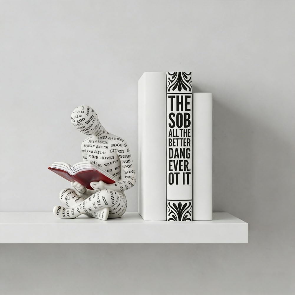 QIANLING Bookshelf Decor Reading Thinker Figurine - Modern Abstract Sculpture, Aesthetic Art Statue for Home Office, Bedroom, or Study, Bookshelf, Desk, Coffee Table, or Reading Corner Decor (Reader)
