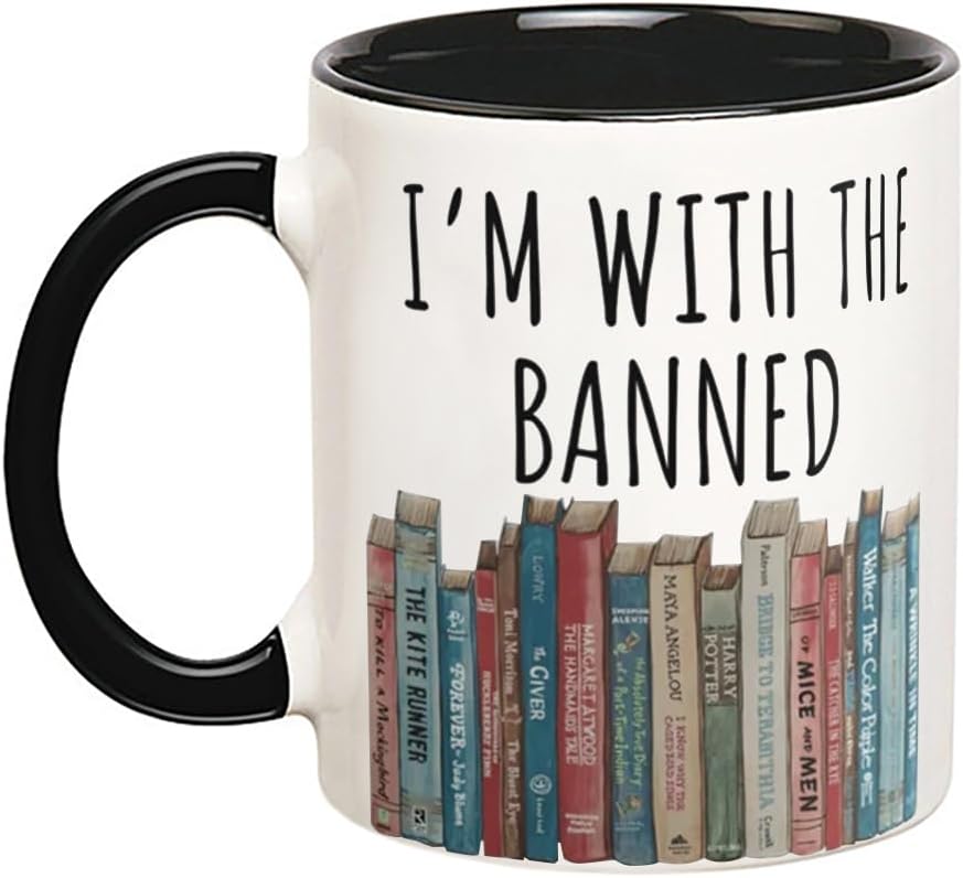 I'm With The Banned Books Mug, Librarian Gift, Book Lover Mug, Reading Lover Gift, 11 Oz Novelty Coffee Mug, Black