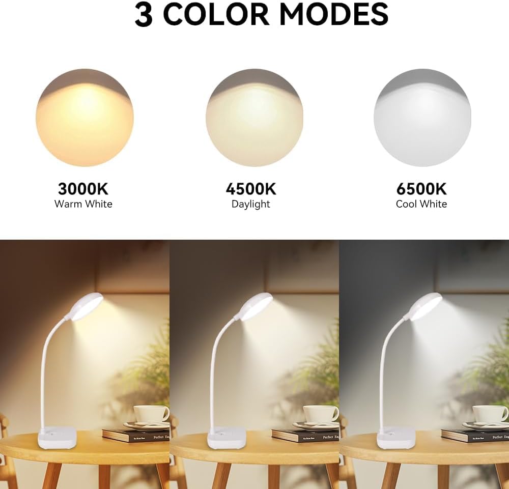 White Small Battery Powered Desk Lamp,Battery operated lamp,5W Rechargeable desk light,3 Colors,Adjustable brightness,360°Gooseneck Hose,Cordless lamps for small spaces,Eye-friendly and Energy Saving