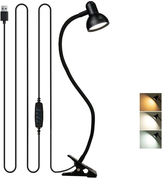 Clip on Light Reading Lamp 3000-6500K 10-Levels Brightness Clamp Light Eye Protection LED Desk Lamp 360° Flexible Gooseneck Book Light for Bed Bedside Headboard Home Office (White&Black)