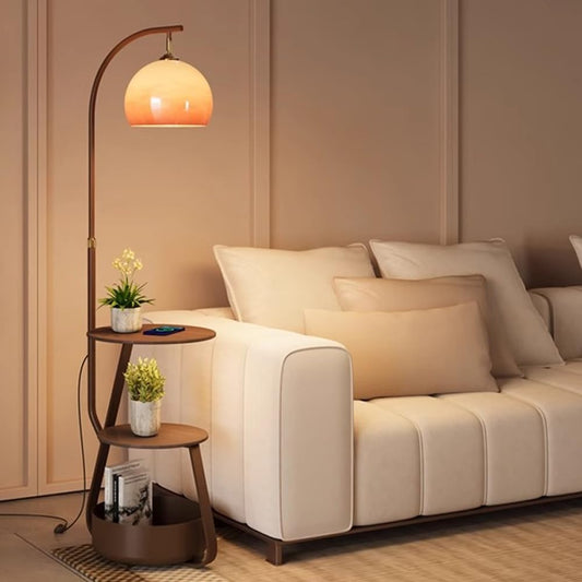 Arc Floor Lamp with Wooden Desktop Orange Glass Floor Light Height Adjustable Globe Glass Standing Lamp E26 Dimmable Tall Light for Living Room Bedroom Study Dining Room Reading Room