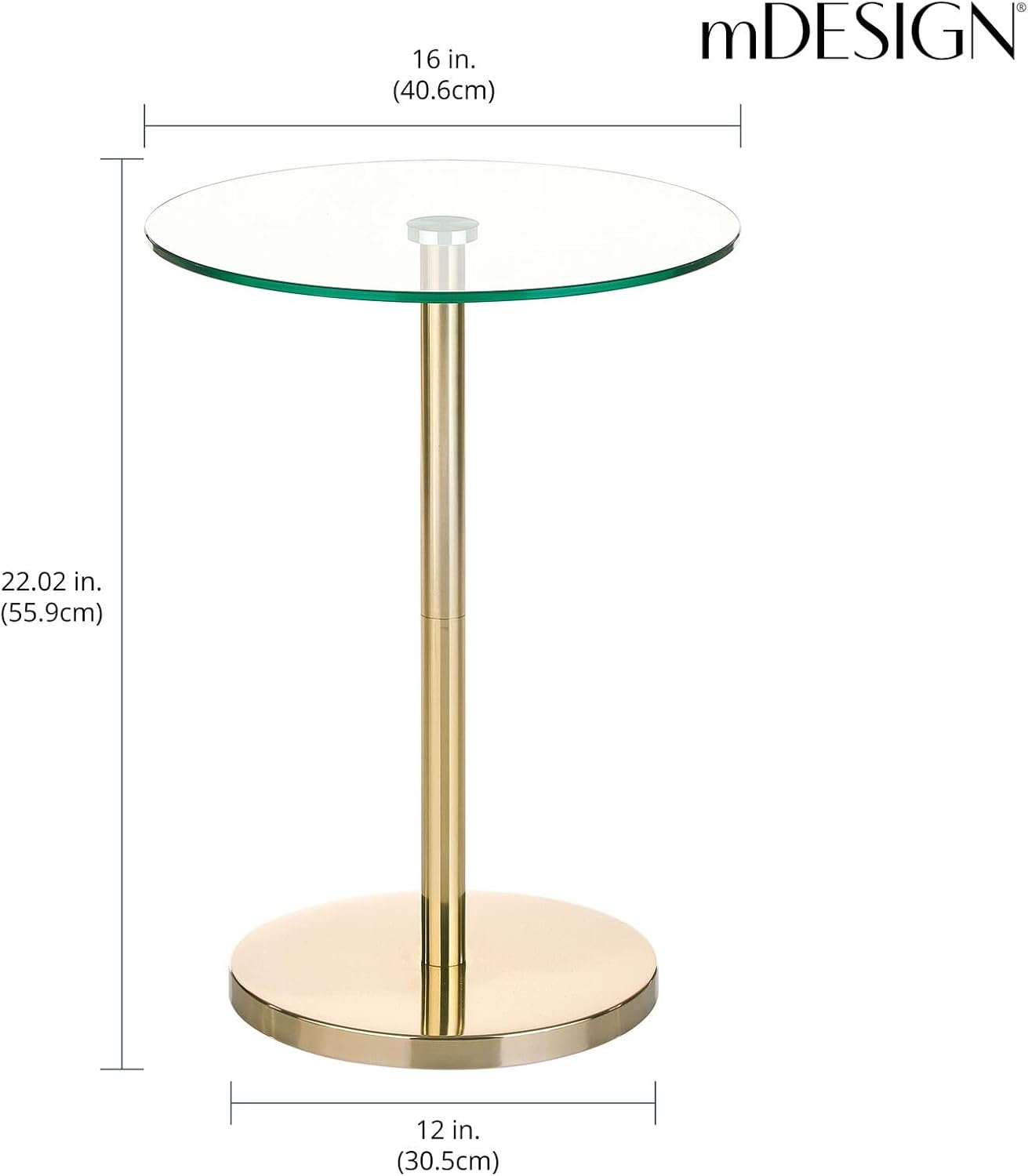 mDesign Glass Top Side/End Drink Table - Tall Modern Round Accent Metal Nightstand Furniture for Living Room, Dorm, Home Office, and Bedroom - 16" Round - Clear/Soft Brass