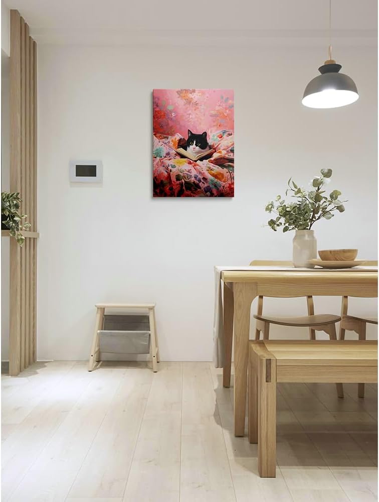 Funny Cat Reading Book with Green Eyes Canvas Wall Art Framed Whimsical Animal Painting Prints Posters Artwork for Girls Room Wall Decor Pink Aesthetic Cute Cat Lover Gift 12x16 Inches