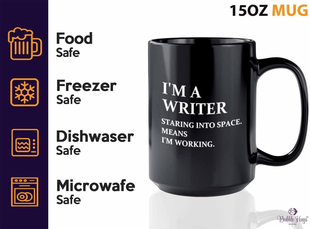 Bubble Hugs Novelist Coffee Mug 15oz Black - Working Writer B - Book Lover Author Writers Charm Creative Poets Publisher Romance Typewriter Editor Fiction