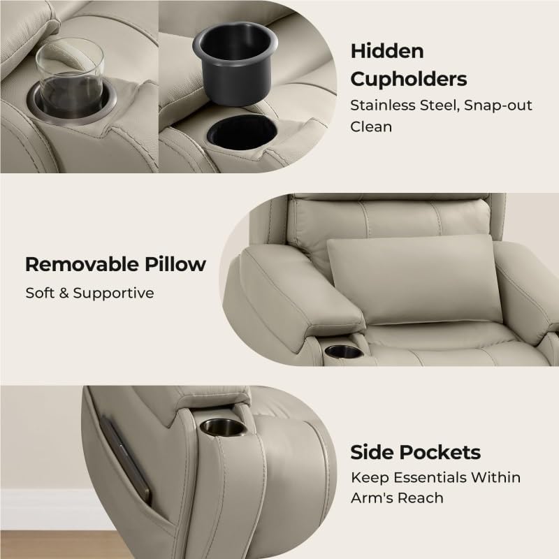 Power Lifting Recliner Chair with Heat and Massage Genuine Leather Electric Lift Chairs Cup Holder Removable Lumbar Pillow for Living Room Bedroom