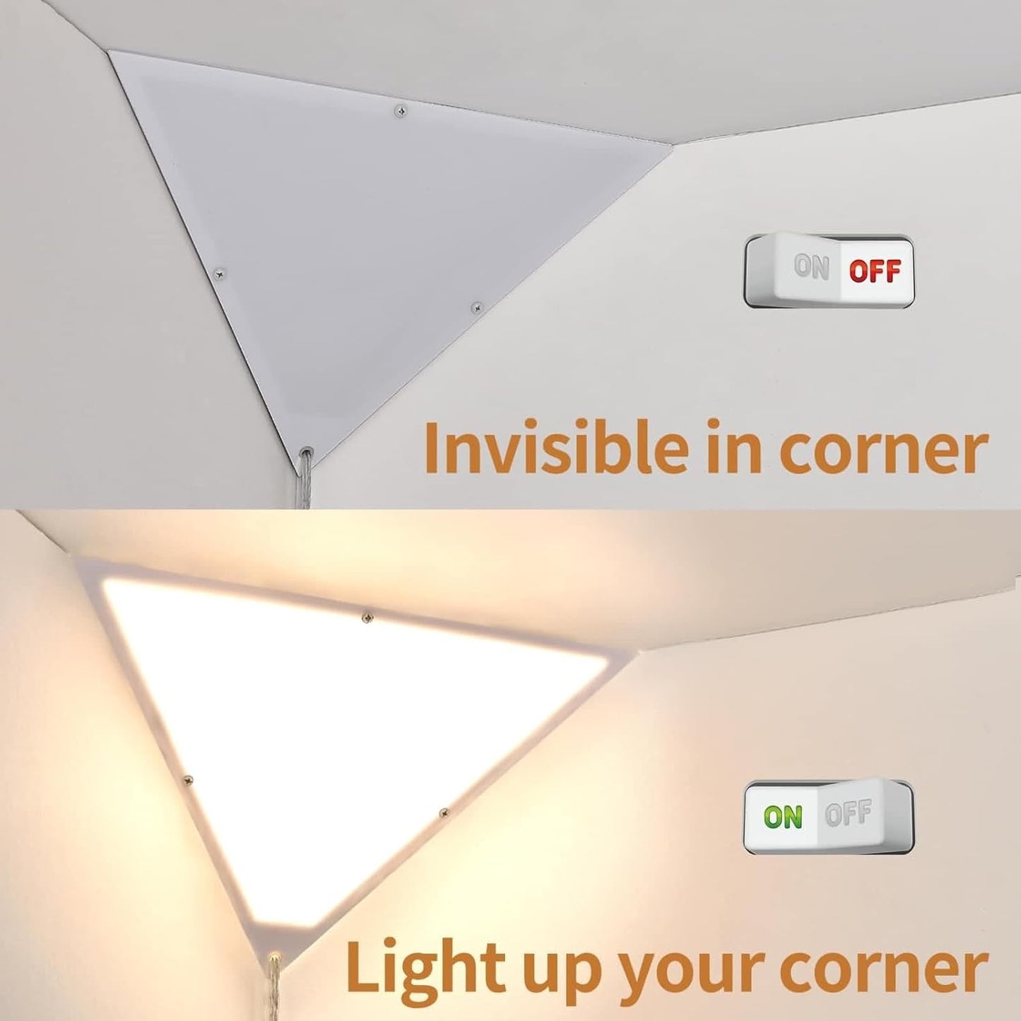 Corner Light with Switch, Ceiling Corner Lights for Living Room, Plug in Ceiling Light for Dark Area, Lamp for Bedroom, Kids Room, Triangle Shape