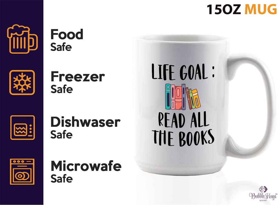 Reading Lover Coffee Mug 15oz White - Life Goal Read All The Books - Gift For Poets Bookish People Bibliophile Librarian Book Club Reader