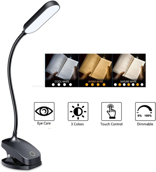 COLORLIFE Desk Lamp Clip On Light-7W 2600mAH Flexible Gooseneck Battery Operated Rechargeable Reading Lamp with Clamp & Stepless Brightness for Desk,Piano,Bed Headboard and Computers
