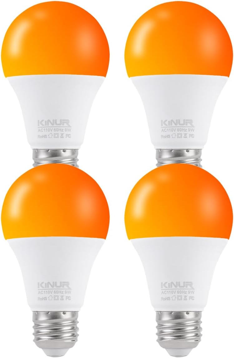 KINUR LED Amber Light Bulbs, A19 9W(60W Equivalent) 1800K E26 A19 Amber Soft Light Bulbs Warm Light for Bedroom, Healthy Sleep, Turtle Friendly Light 4 Pack
