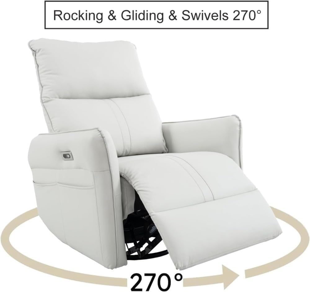 Overstuffed Swivel Rocker Power Recliner Chair with USB Ports, Luxurious Breathable PU Leather Nursery Glider, Modern Electric Single Sofa for Living Room & Bedroom