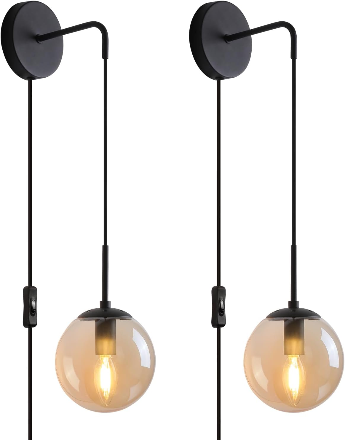 Wall Sconces Set of Two Matte Black 🔥🔥🔥 Wall Lights for Bedroom Plug in Wall Sconces Set of 2 with Globe Amber Glass Shade Indoor Wall Lamp with Plug in Cord Sconces Wall Decor Set of 2 with Switch