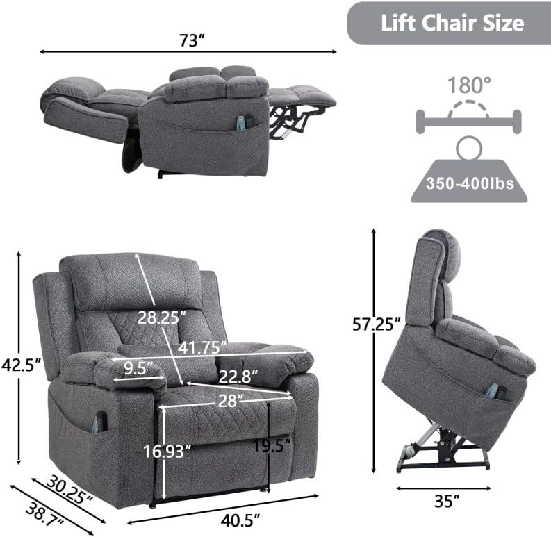 Big Man Power Lay Flat Lift Chair Heat Vibration Electric Extra Wide Oversized Dual Motor Recliner Chairs with Flip Arm for Living Room Bedroom Furniture