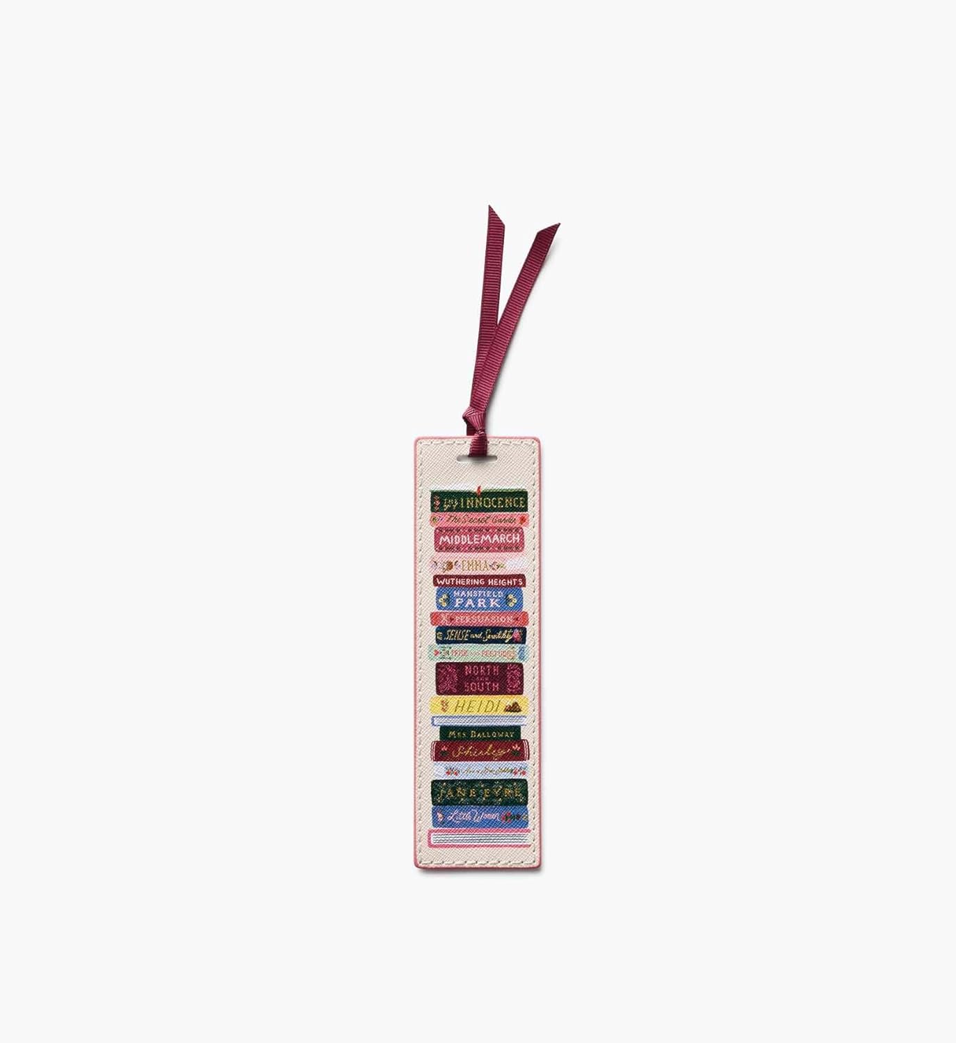 RIFLE PAPER CO. Ladies Night Book Club Bookmark, 1.75" W x 6" L, Illustrated Stack of Classic Titles, Saffiano Polyurethane, Grosgrain Ribbon, Wipe-Clean