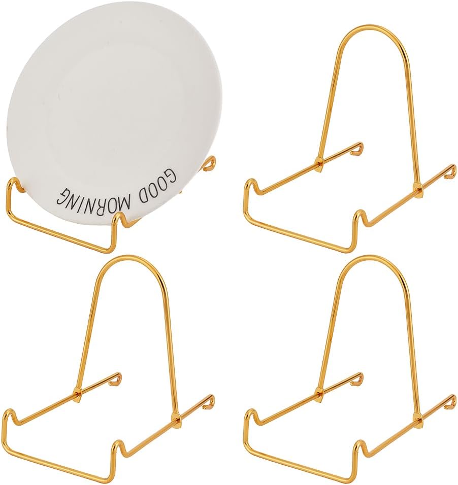 4 Packs Iron Display Stand Ornaments Display Dish Holder Bowl Deep Platter Rack Decorative Plates Easel Tabletop Showcase Stands Gold Iron Easels for Display Pictures, Book