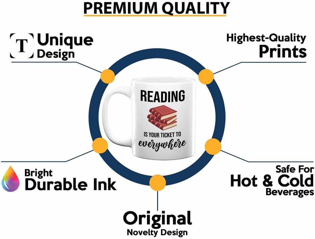Bookish Coffee Mug 11oz White -Reading ticket to everywhere - Novel enthusiast Book Club Librarian Book Lover Writer Reader Bibliophile
