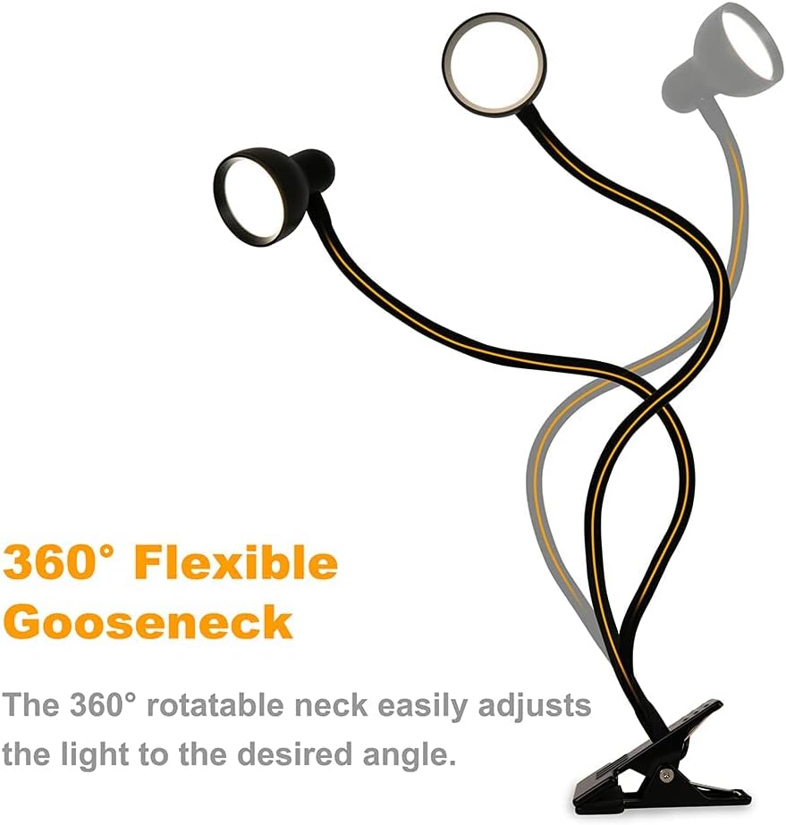 Clip-on Reading Light - 3 Color Modes, 10 Dimmable Brightness, Eye Care Clamp Desk Lamp with Flexible Gooseneck for Reading in Bed, Desk, Headboard, Computer