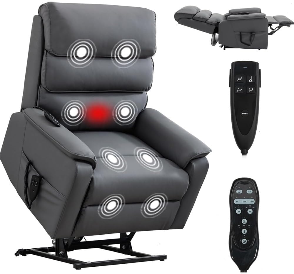 Power Lift Recliner Chair for Elderly, Lay Flat Electric Living Room Sofa with Heat and Massage, Breathable Gray Leather Power Recliner with 2 Side Pockets, USB Ports