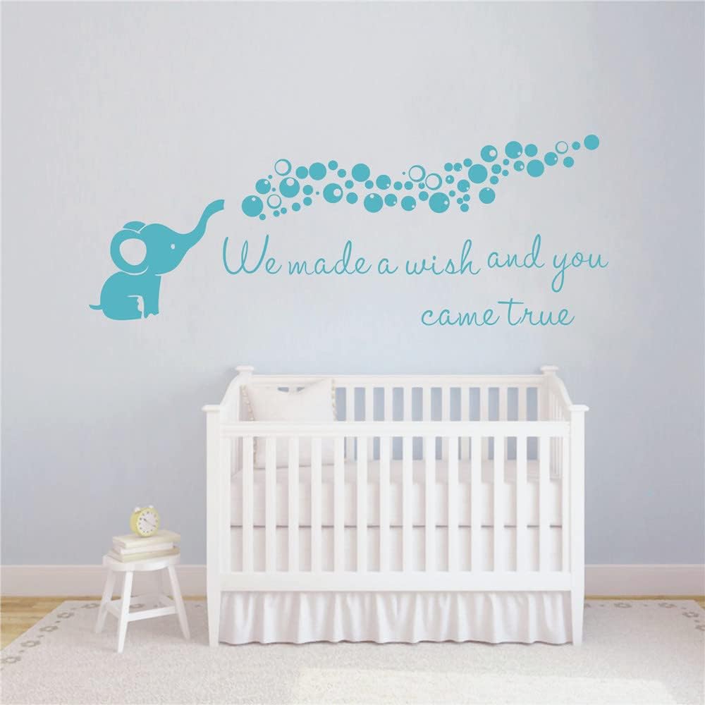 Home Nursery Room Wall Decor Sticker Baby Elephant Blowing Bubble Wall Sticker Vinyl Wall Decal Quotes We Made a Wish and You Came True Kids Bedroom Wall Mural AFN100 (Teal Green)