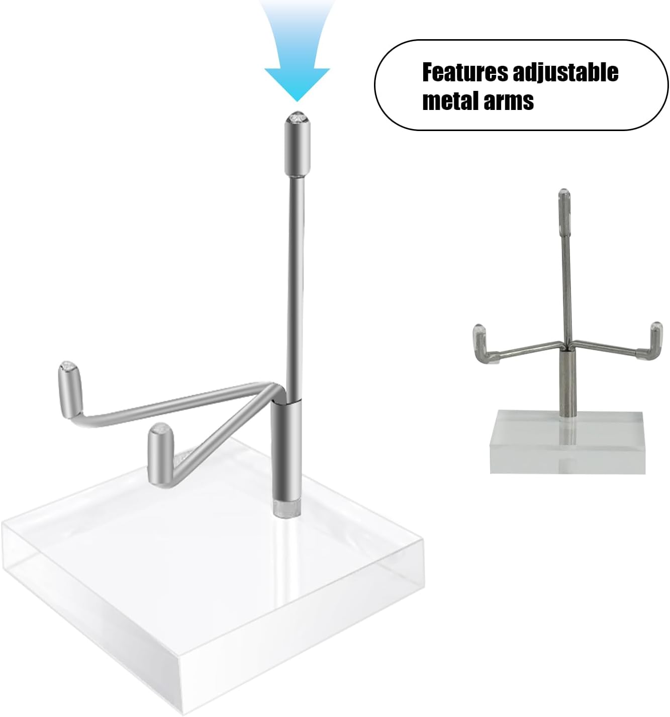 20 Pcs Adjustable Metal Arm Display Stand with Acrylic Base Silver Easel Rock Decorative Plate Holder for Picture Book Mineral Geodes Agate Coral Collection