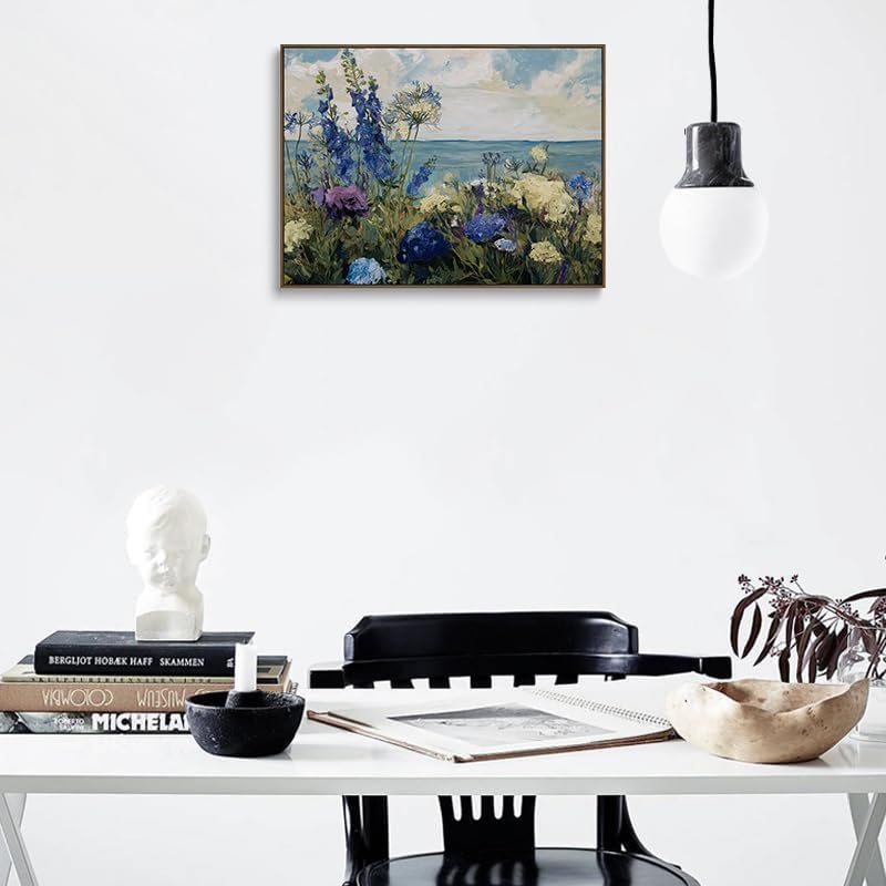Floral Canvas Wall Art Blue Purple Flowers Ocean View Wall Decor Coastal Prints Nature Posters Abstract Painting Framed Artwork For Living Room And Bedroom And Office Space My Home Decor 16x24 Inches