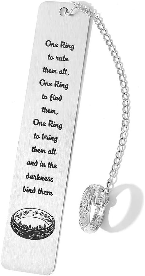 1Pc Fantasy Bookmark Gift Set - Metal Bookmarks with Elvish Leaf Pendant, Sword Charm & Evenstar Engraving, Epic Quotes Carved Jewelry for Book Lovers, Dark Academia Gifts for Readers (Magic Ring)