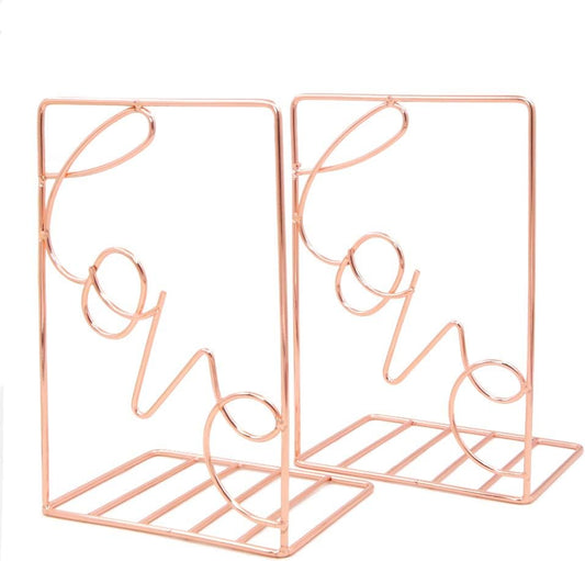 Winterworm Metal Bookends Book Ends Heavy Duty Modern Decorative for Bedroom Library Office School Book Display Desktop Organizer Gift(Love Rose Gold)