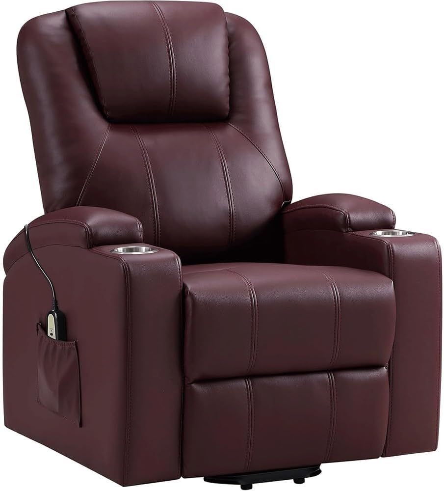 Power Lift Recliner Chair with Massage, Upholstered Leather Reclining Chair with Side Pockets, Comfortable Electric Recliner Chair, Single Sofa Recliner for Living Room