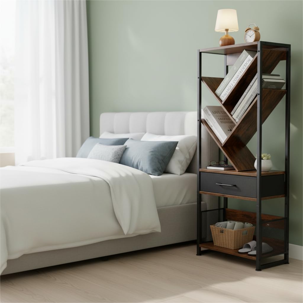 Bookshelf with Drawer,8 Tier Tree Bookcase Retro Floor Standing Bookshelves,Tall Wood Bookcases with Cabinet Storage Organizer for Living Room, Bedroom & Home Office, Classic