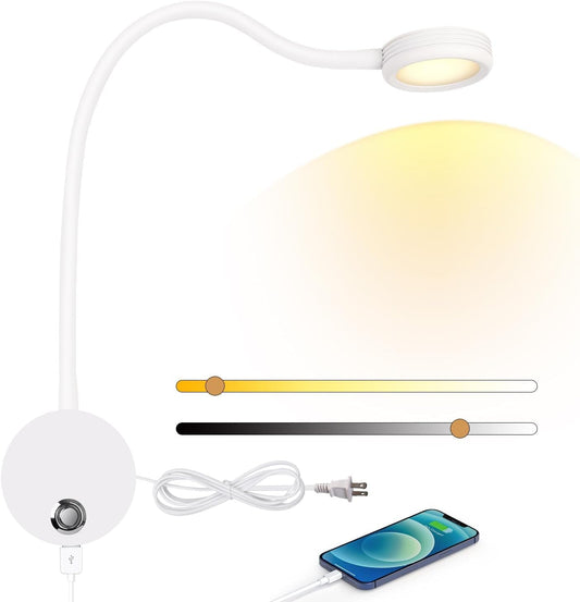 Dimmable LED Reading Lamps,Wall Mount Reading Lights for Bed Headboard,Flexible Gooseneck with Touch Dimmer Plug in Wired Sconce,3 Color Modes,10 Brightness Leves, USB Output(5V 2A), White 1 Pack
