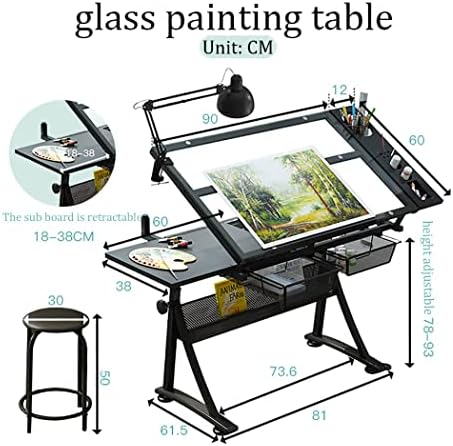 Height Adjustable Artist Workstation - Tempered Glass Top, 2 Storage Drawers, Tiltable Desk for Drawing, Writing, Reading & Crafting - Versatile Art Studio Table