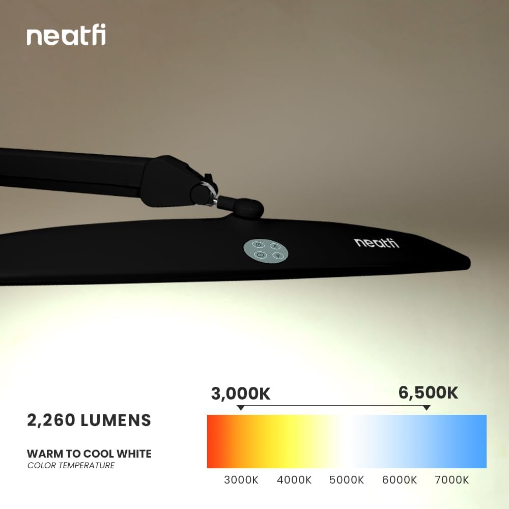 Neatfi Elite HD XL Task Lamp | 22-Inch Wide | 2,260 Lumens | 3 Color Temperature Modes | Non-Polar Dimming Desk Lamp (CCT with Clamp, Black)