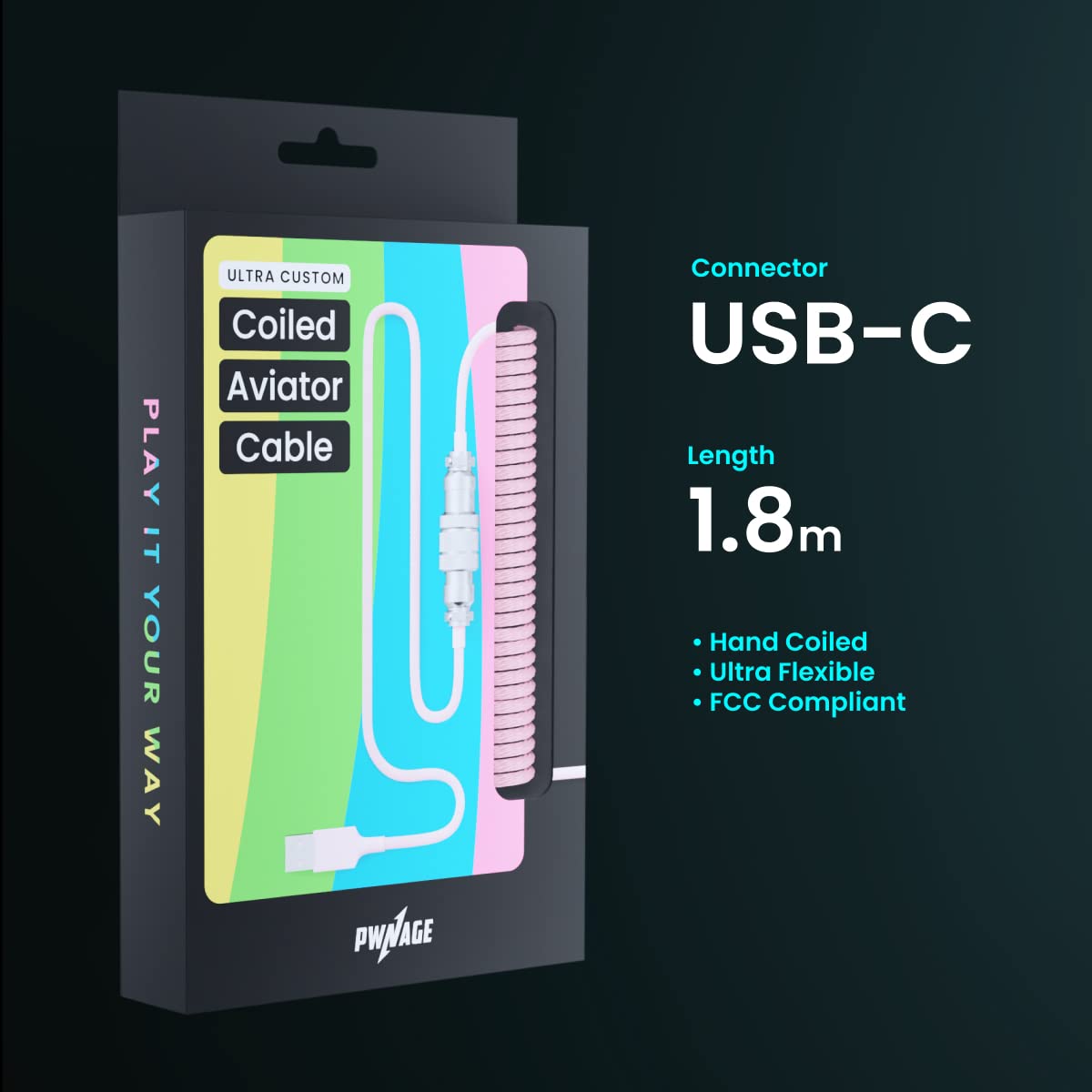 PWNAGE Ultra Custom Coiled Aviator USB C Cable for Gaming Keyboard, Double-Sleeved Mechanical Keyboard Cable with Detachable Metal Aviator, 1.8M USB-A to USB-C, Pink Color (Pink)