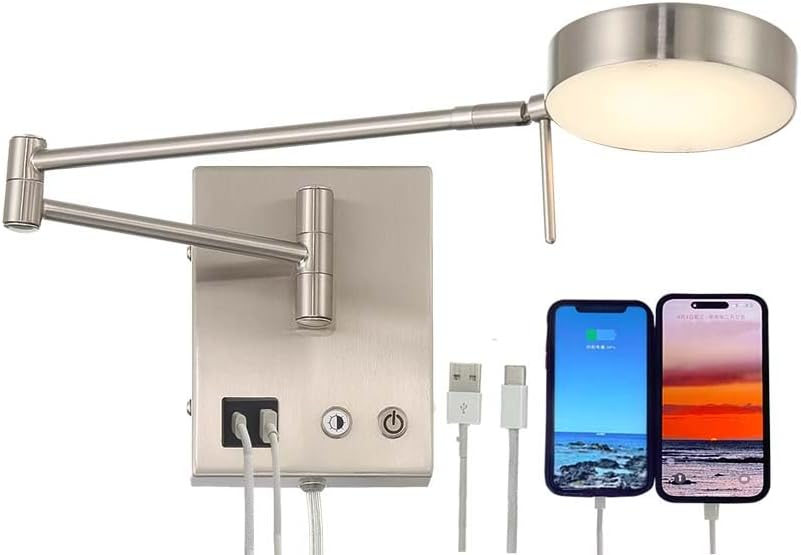 HomeFocus Swing Arm Wall Light,Bedside LED Reading Wall Light with USB Charging,Multi-Function Wall Lamp,Bedside Dimmable Wall Sconces,Adjustable LED Color and Brightness,Metal,Satin Nickel.