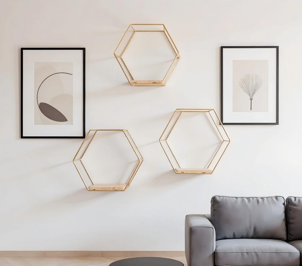 Hexagon Floating Shelves 3-Pack (6.7-11in) | Decorative Wall Mounted Hexagon Shelf, Multi-Use Geometric Metal Shelving for Living Room, Bedroom, Kitchen, Office