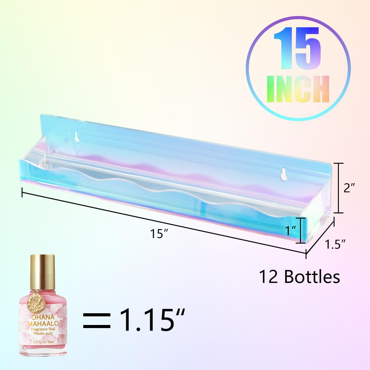 15" Nail Polish Rack Wall Mounted Floating Shelves Acrylic Paints Gel Polish Organizer and Storage with End Caps for Kid Room, Books, Nail Techs, Art Lovers, Great Display Salons, Rainbow
