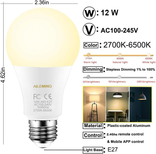 LED Bulb with a 2.4GHz Remote Control, A19 12W Color Changing Smart Light Bulb for Lamp, Bedroom, Mood Soothing,12W 1000lm,100W Equivalent,Dimmable 1% to 100% 2700-6500K,1 Bulb & Remote