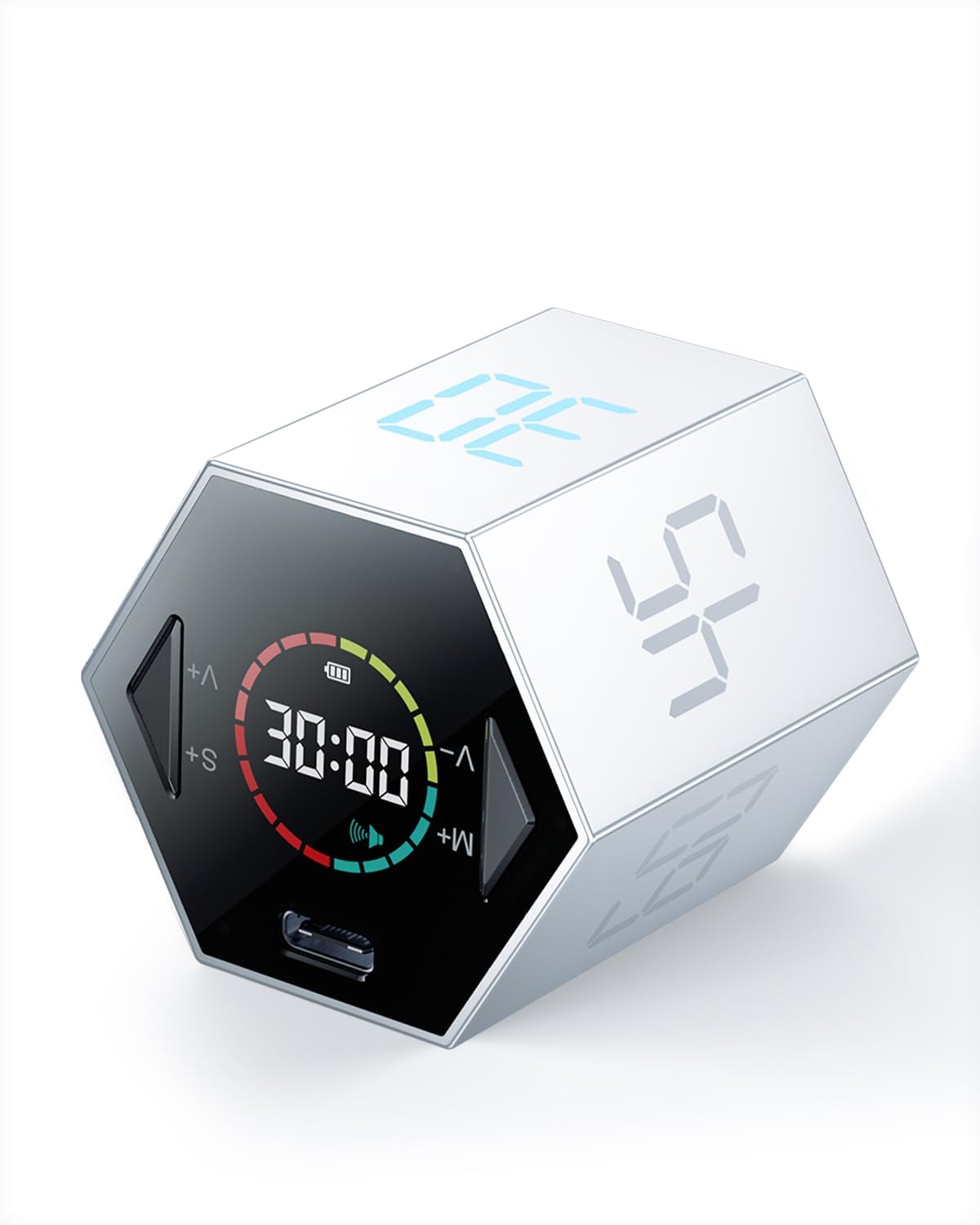 Ticktime Pomodoro Timer, Productivity Timer Cube, 5/15/25/30/45/60 Min Presets, Custom Countdown & Stopwatch 1s–99m59s, Sound/Vibration/Silent, Magnetic, Rechargeable, for ADHD Study Work, Silver