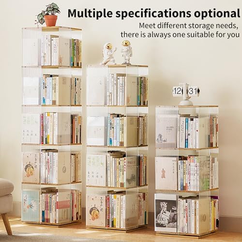 360° Rotating Bamboo Bookshelf Tower - 4-Tier Vertical Spinning Bookcase Stylish Wood Storage Display Rack for Living Room Office and Home Décor
